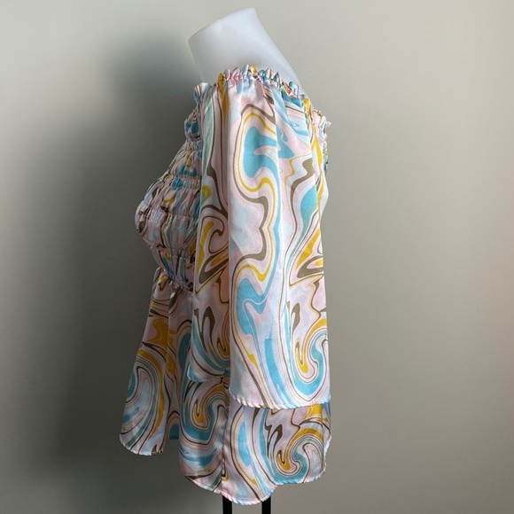 Chenault Women's Abstract Pastel Splash Off Shoulder Bell Sleeve Flared Blouse M - Picture 4 of 16